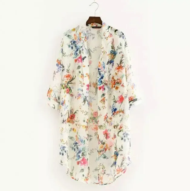 1/2 Sleeves Flower Print Lapel Chiffon  Kimono Blouse