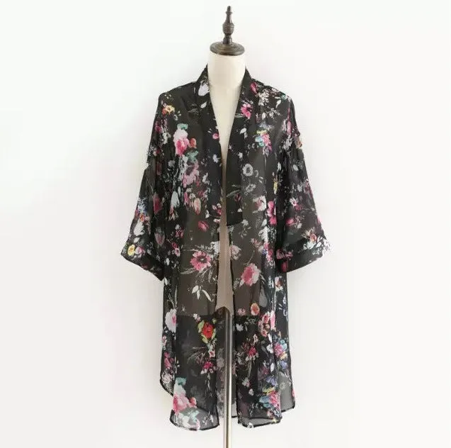 1/2 Sleeves Flower Print Lapel Chiffon  Kimono Blouse