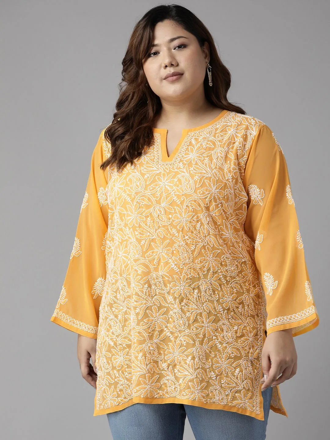 Amber Yellow Georgette Chikankari Tunic Kurta