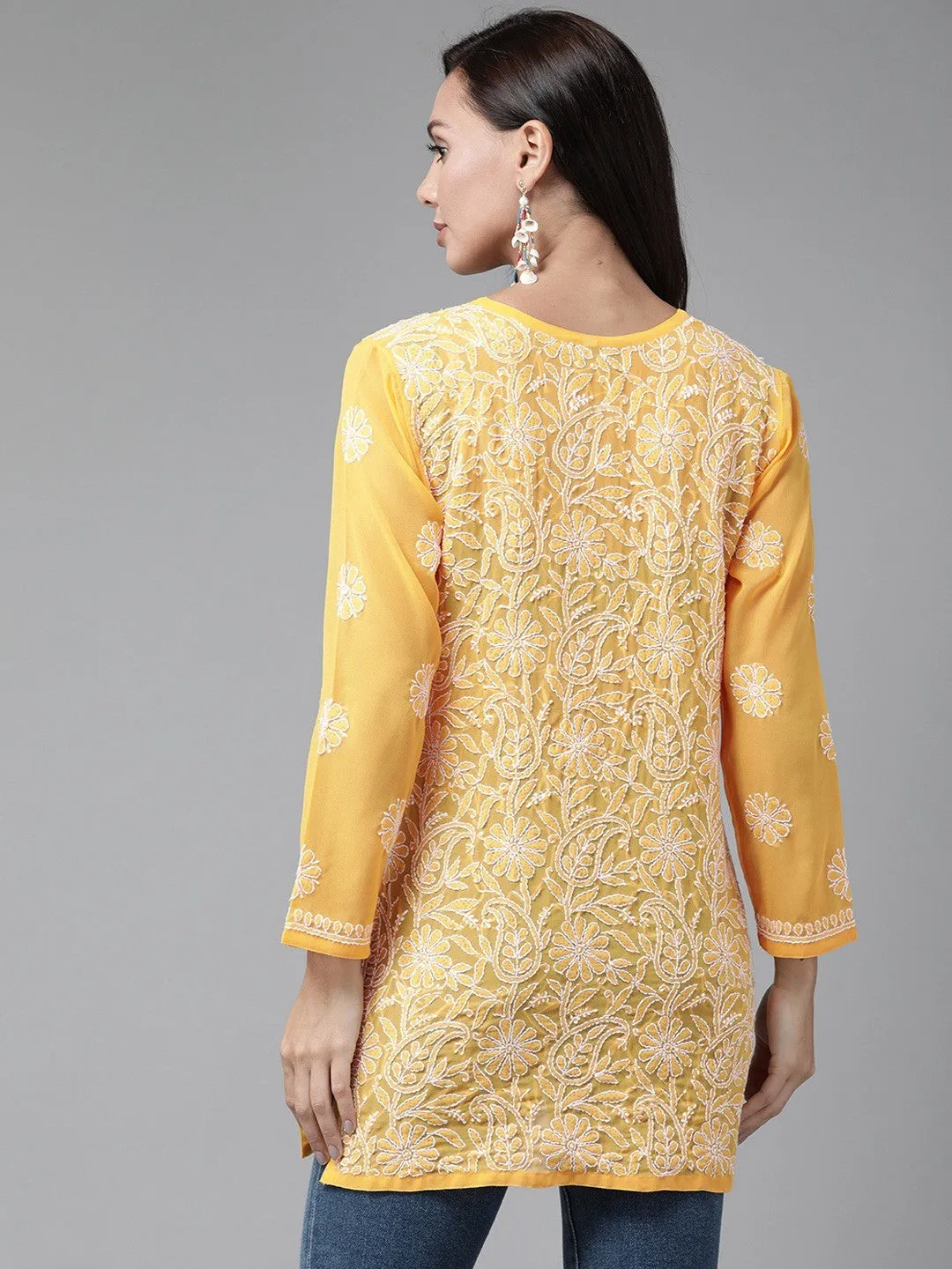 Amber Yellow Georgette Chikankari Tunic Kurta