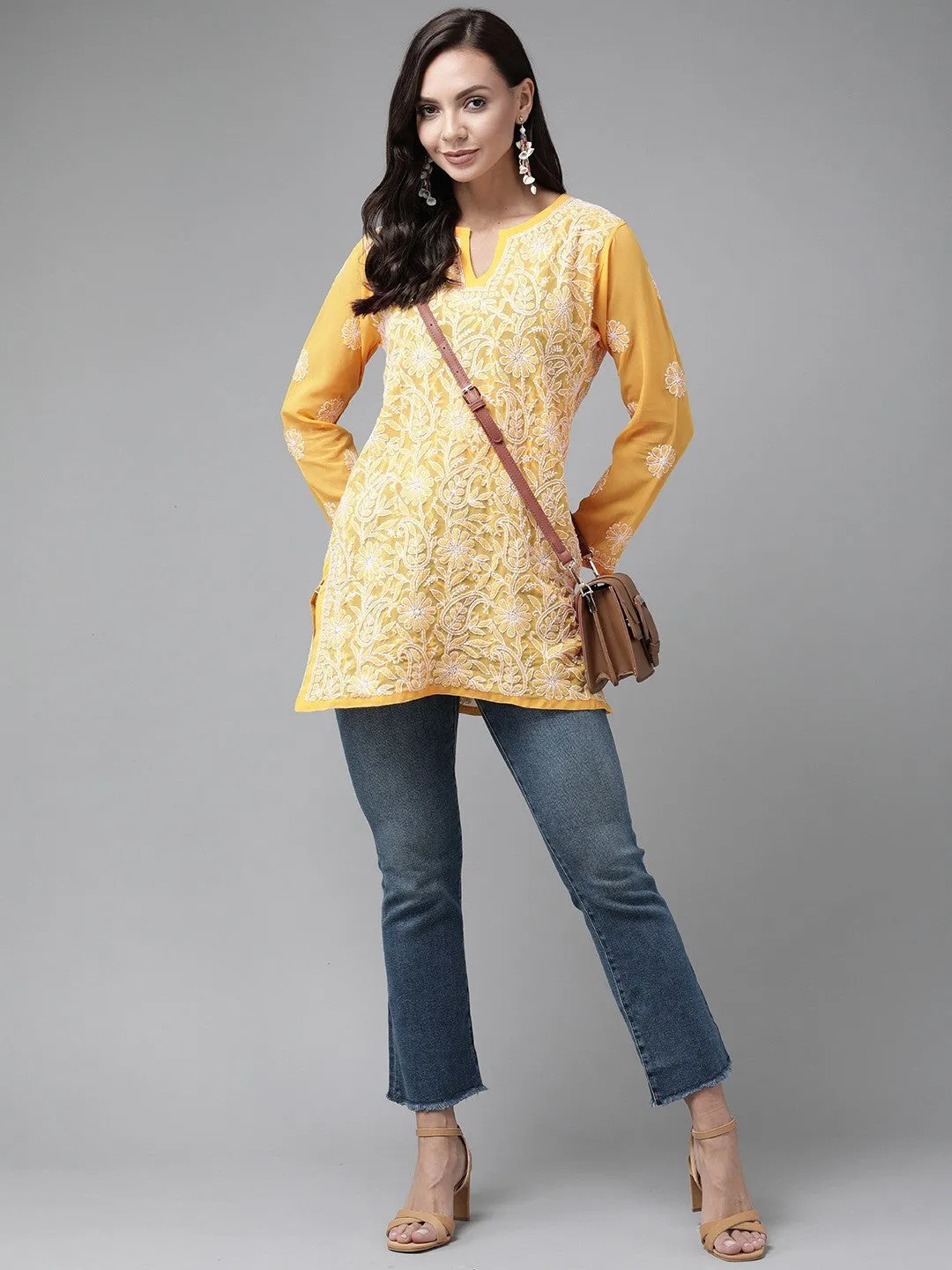 Amber Yellow Georgette Chikankari Tunic Kurta