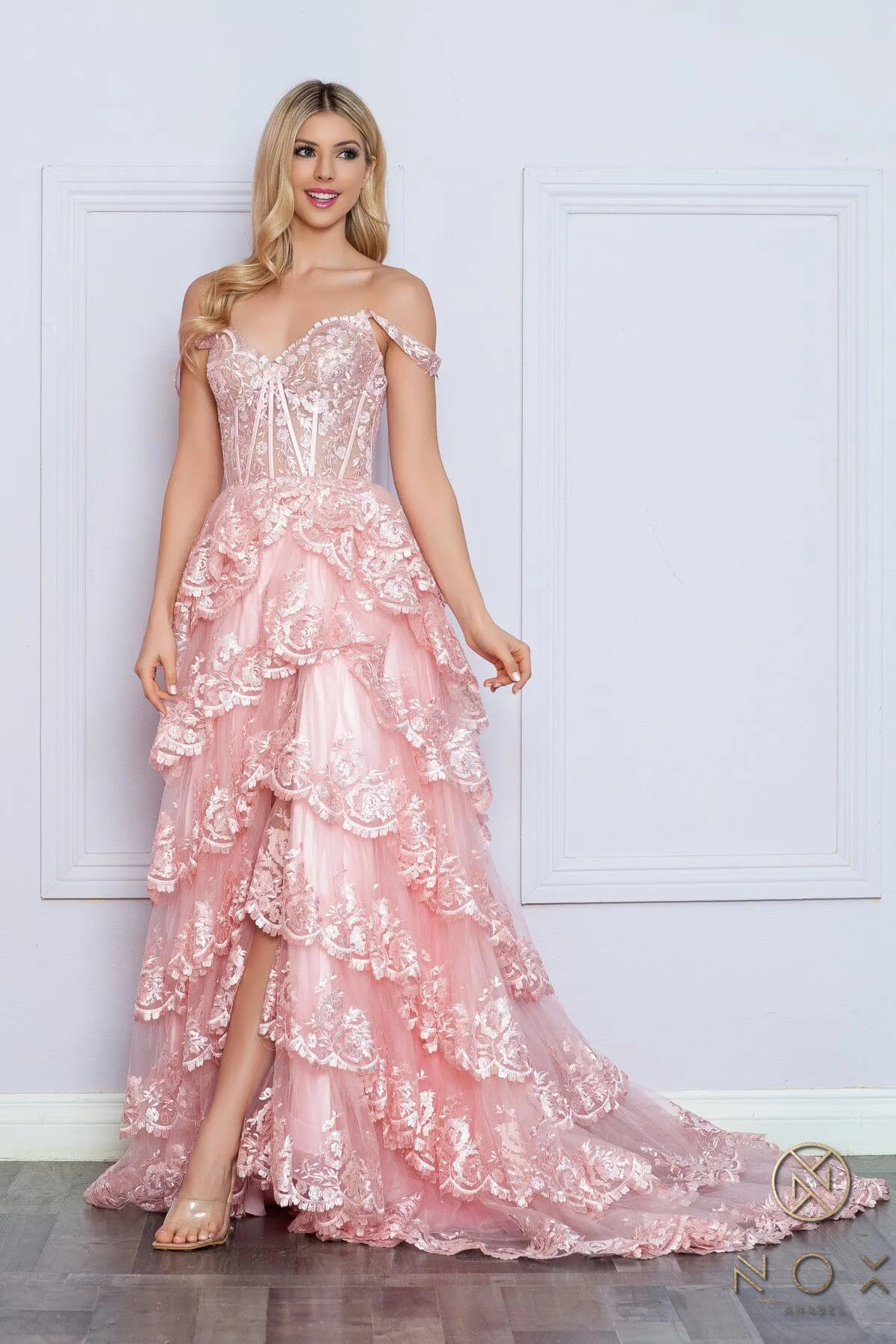 Applique Sweetheart Tiered Slit Gown by Nox Anabel R1299