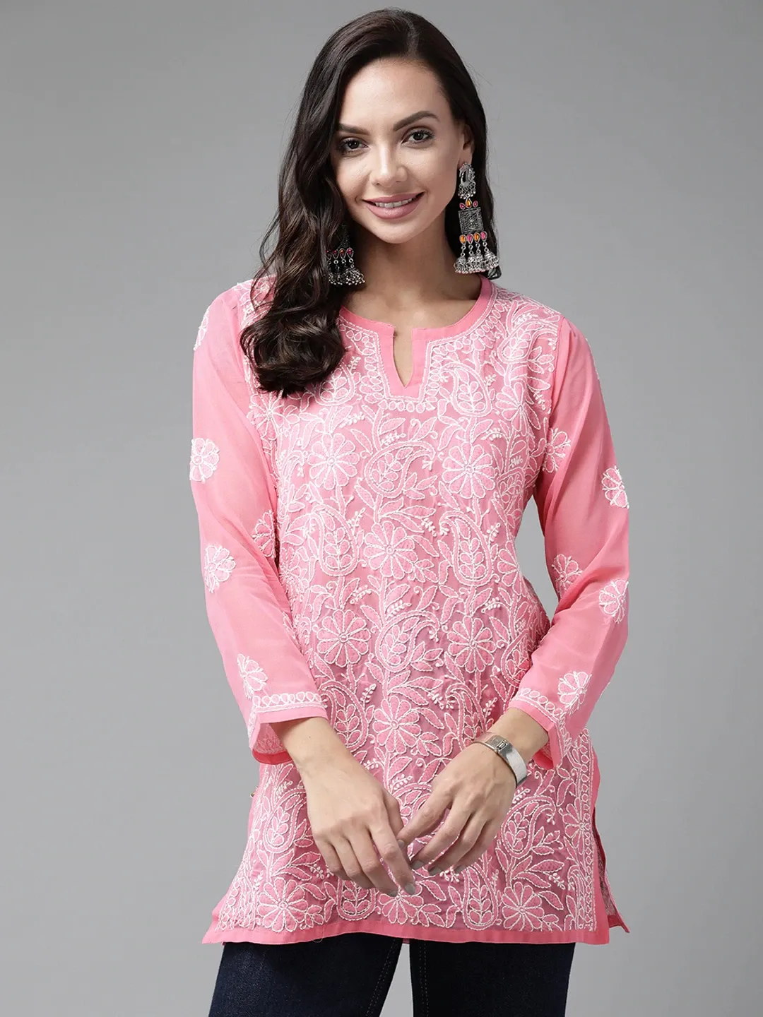 Baby Pink Georgette Chikankari Tunic Kurta