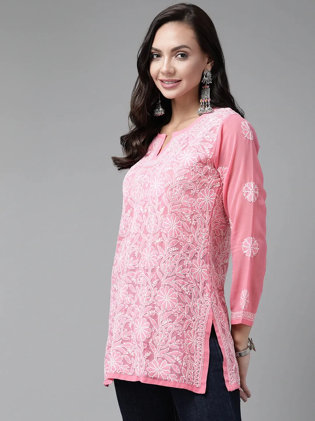 Baby Pink Georgette Chikankari Tunic Kurta