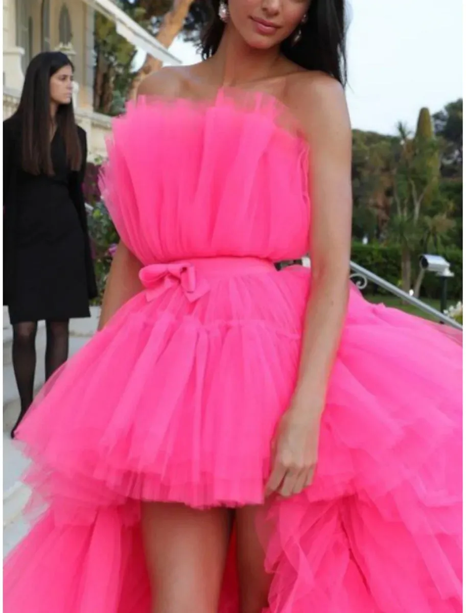 Ball Gown Tiered Dress Wedding Party Birthday Asymmetrical Sleeveless Strapless Tulle Prom Dresses