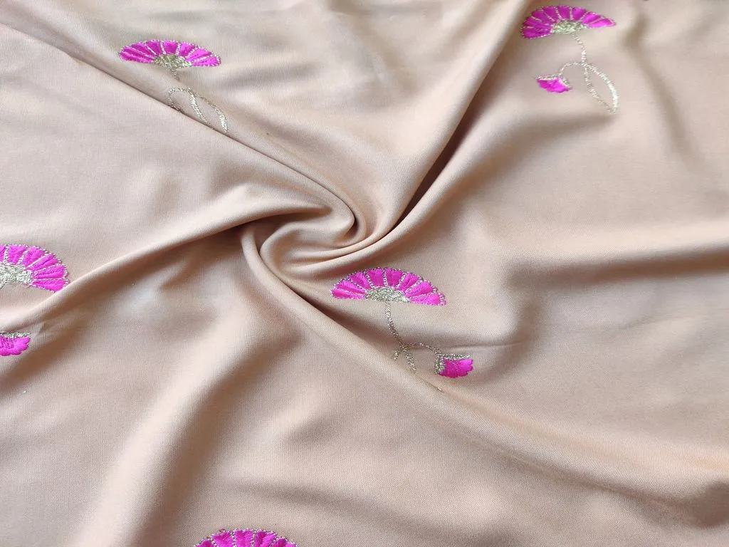 Beige Pink Flowers Embroidered Rayon Fabric