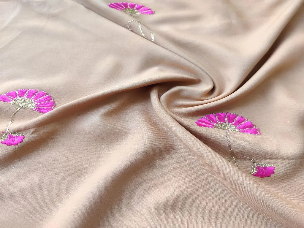 Beige Pink Flowers Embroidered Rayon Fabric