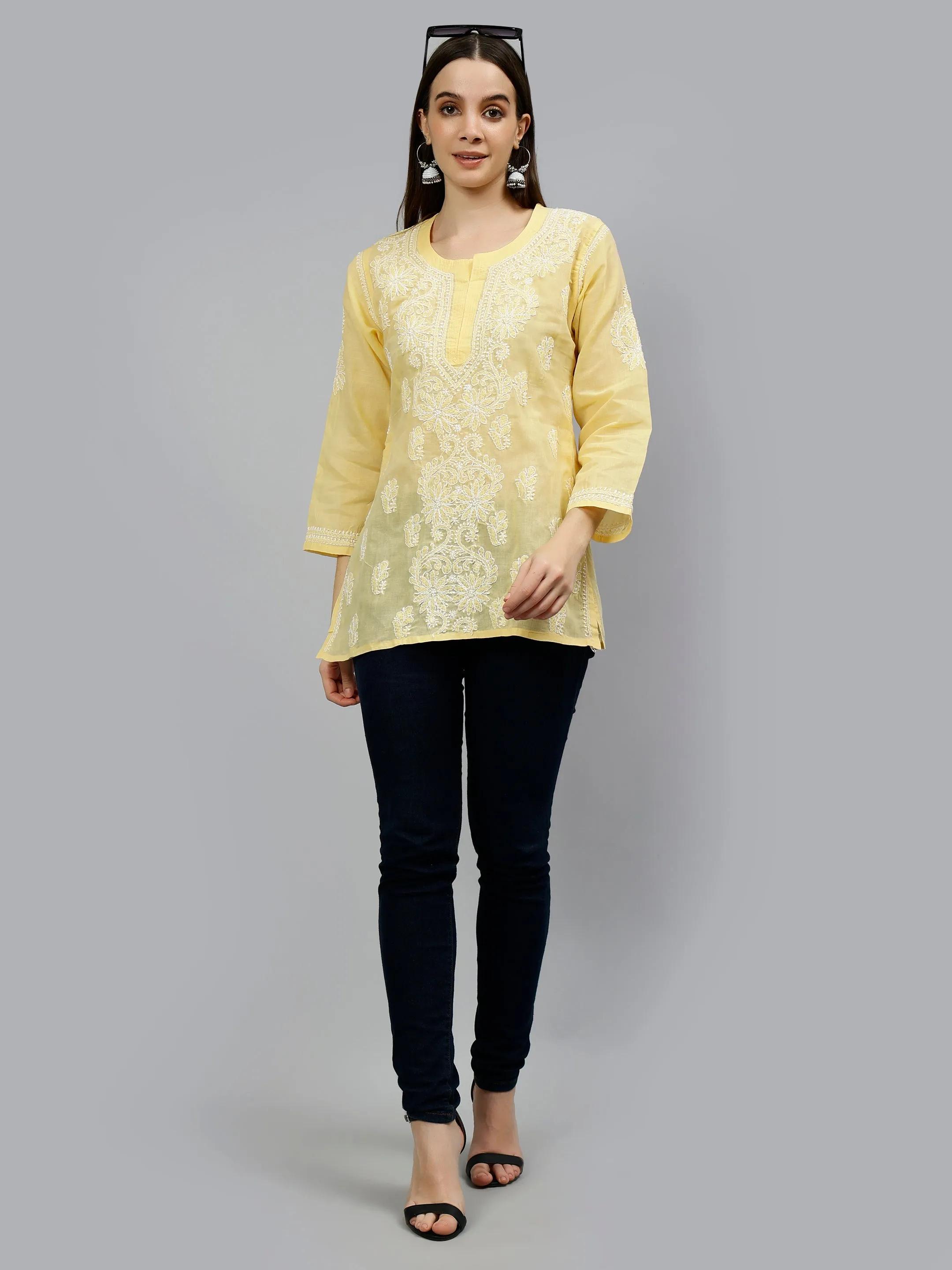 Beige Terivoil Cotton Embroidered Chikankari Tunic