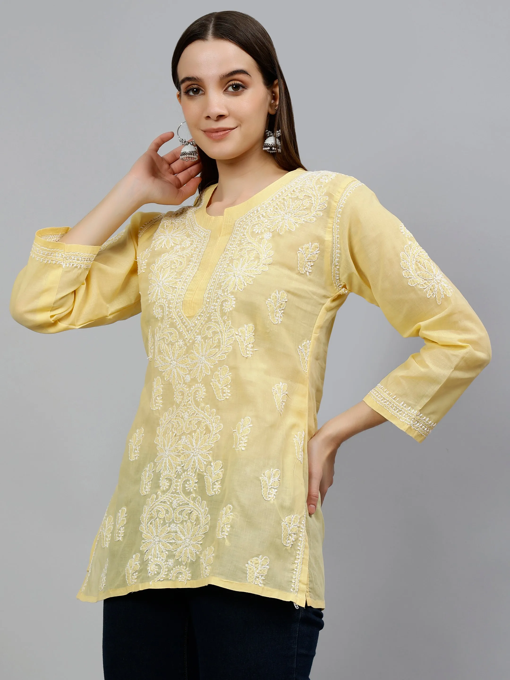 Beige Terivoil Cotton Embroidered Chikankari Tunic