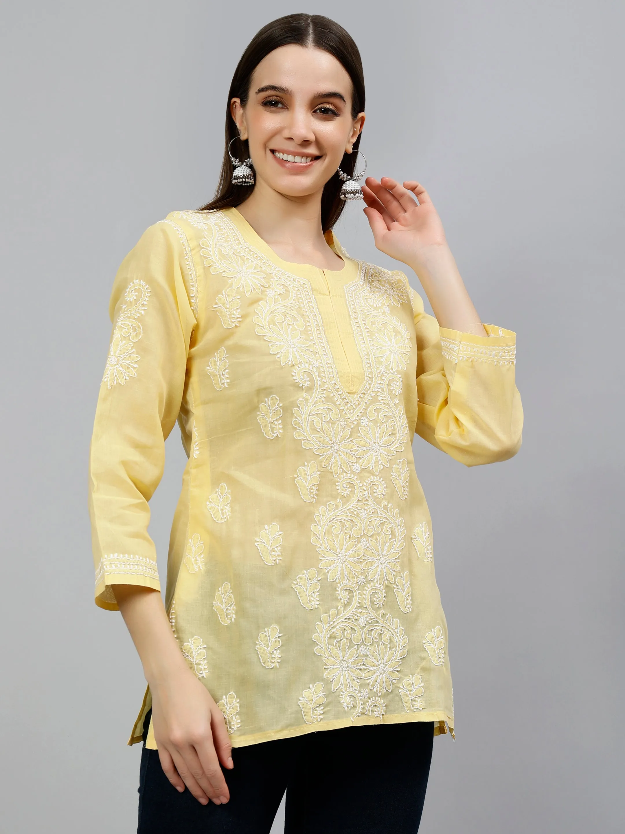 Beige Terivoil Cotton Embroidered Chikankari Tunic