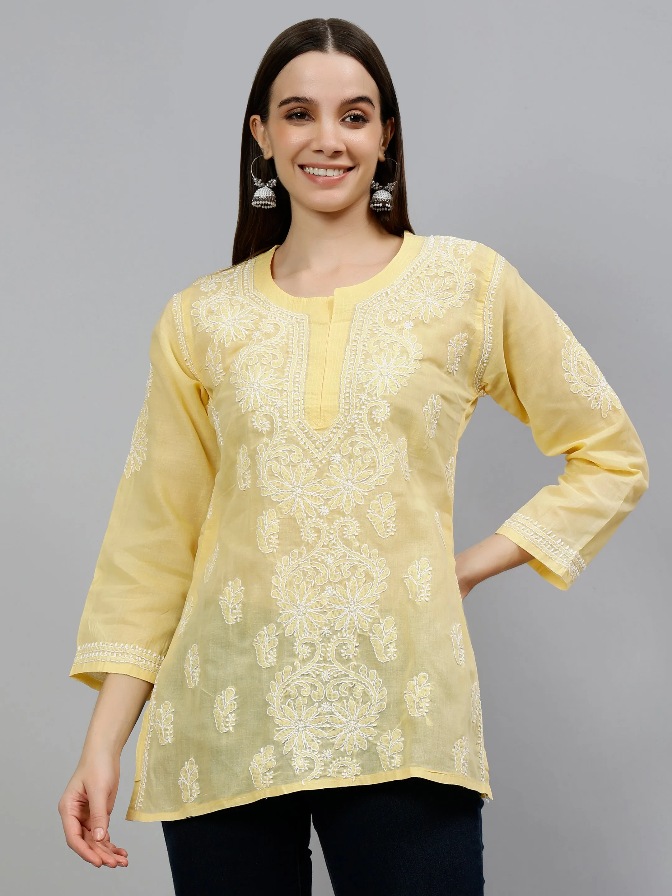 Beige Terivoil Cotton Embroidered Chikankari Tunic