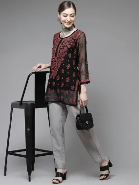 Black & Red Georgette Chikankari Tunic Top