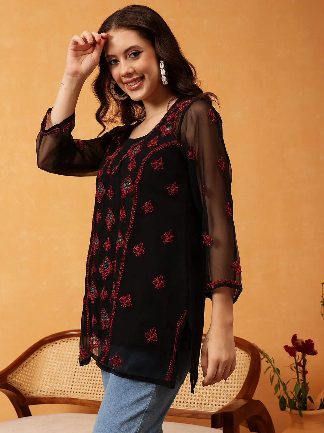 Black & Red Georgette Embroidery Chikankari Tunic With Slip