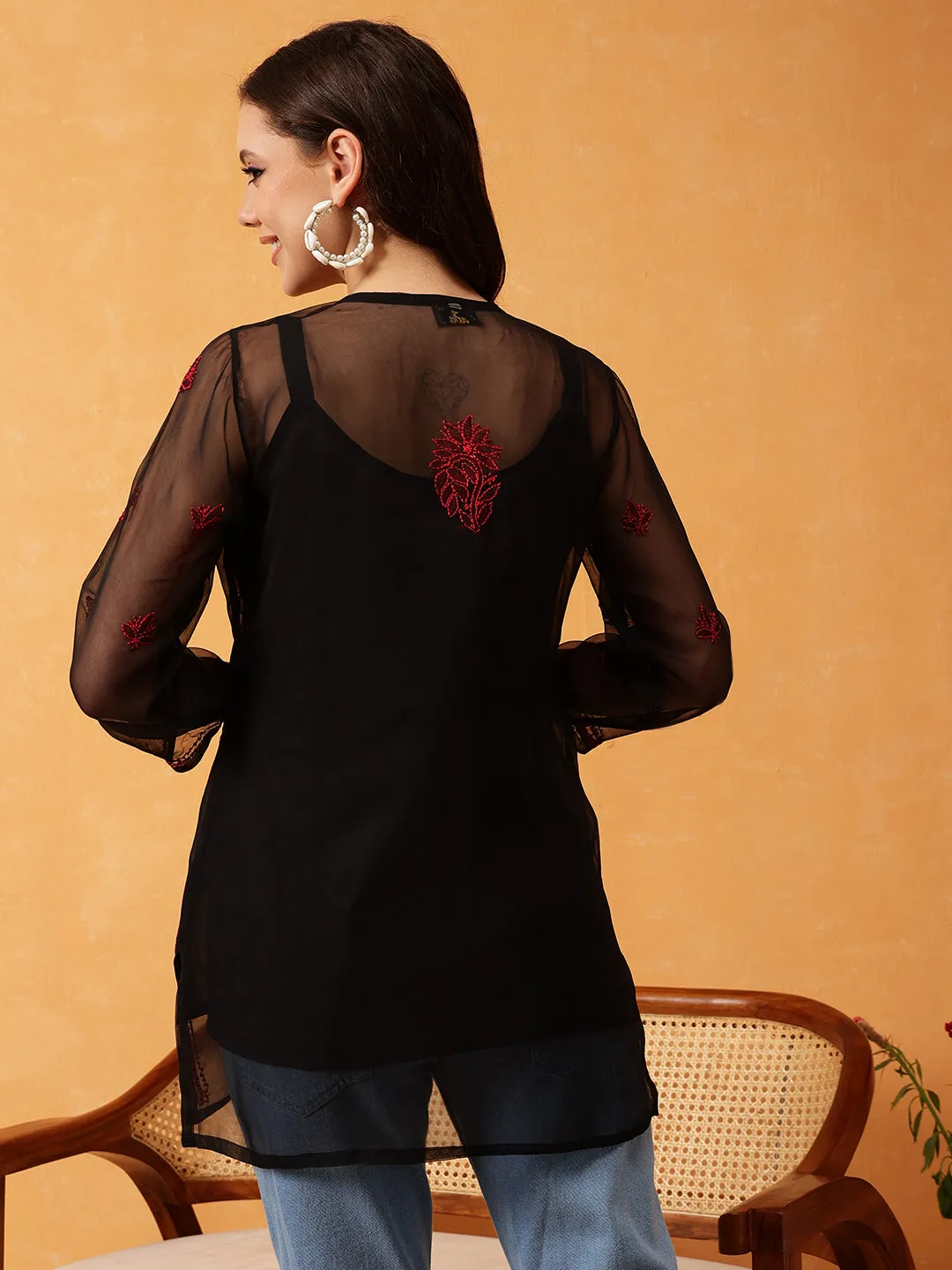 Black & Red Georgette Embroidery Chikankari Tunic With Slip