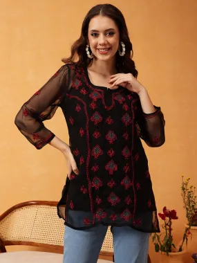 Black & Red Georgette Embroidery Chikankari Tunic With Slip