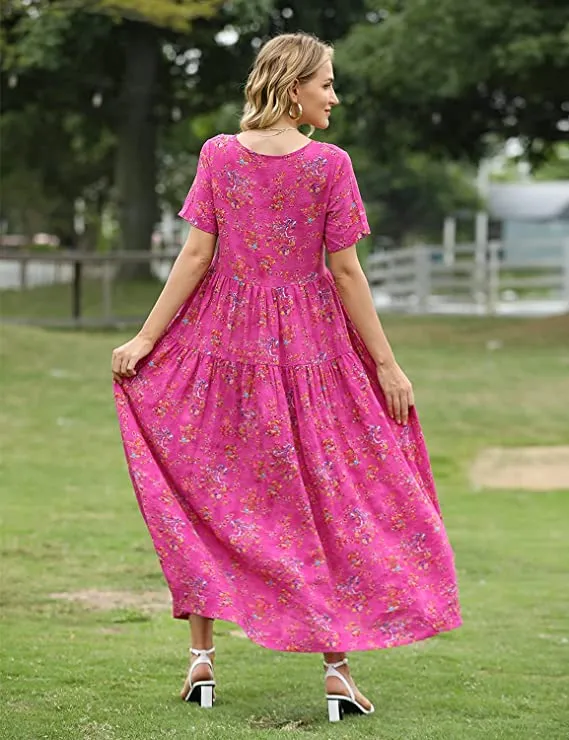 Black Dresses Casual Plus Size Bohemian Short Sleeve Floral Long Maxi Summer Beach Swing Dress/Pockets - YESNO