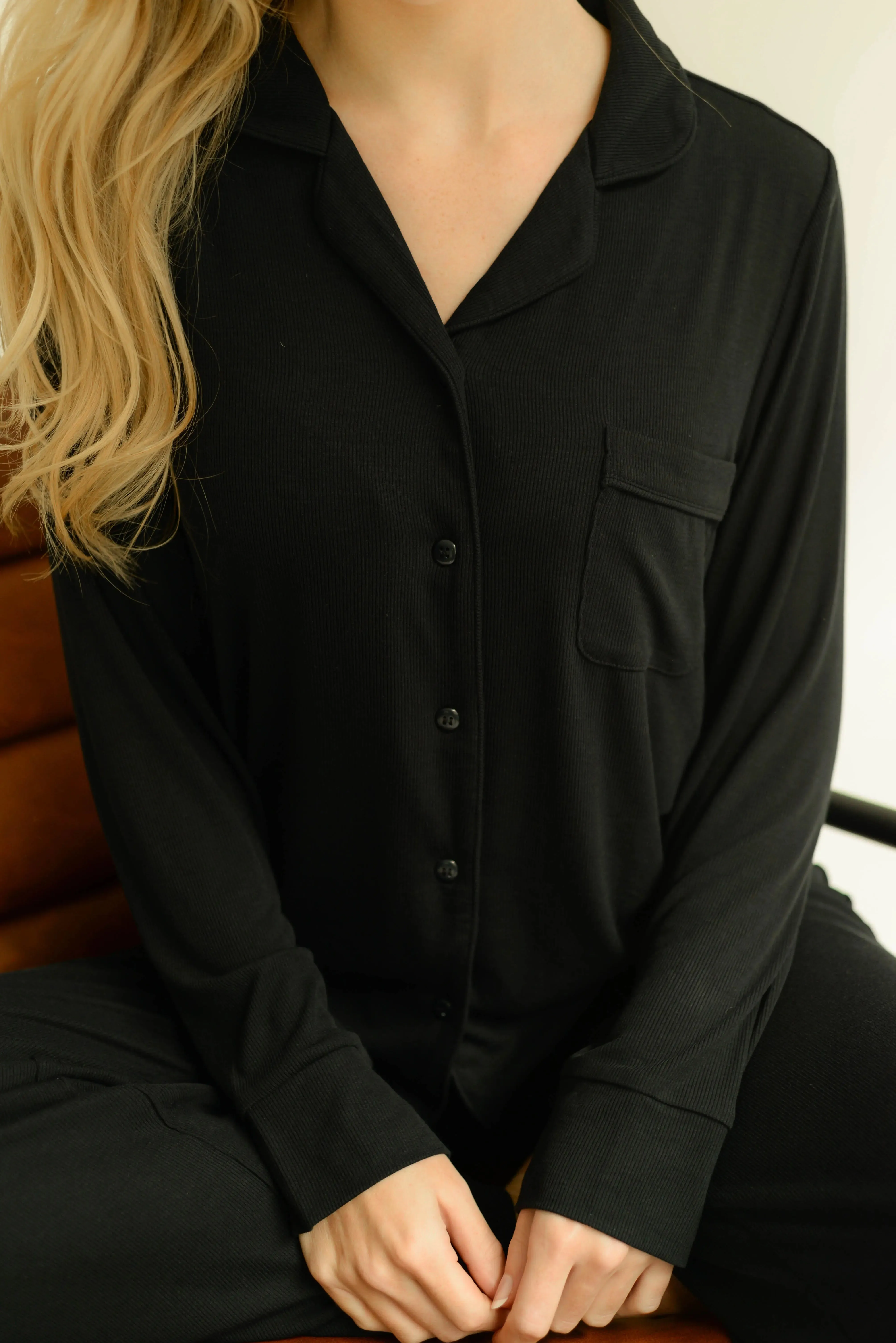 Black Rib Knit Bamboo Pyjama Set