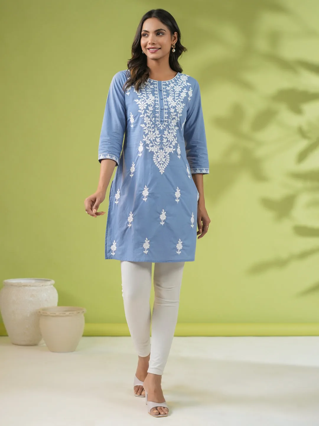 Blue Cambric Embroidered Straight Tunic