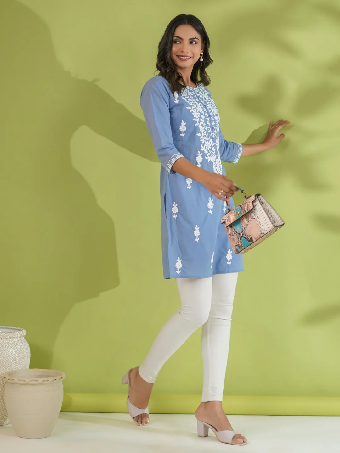 Blue Cambric Embroidered Straight Tunic