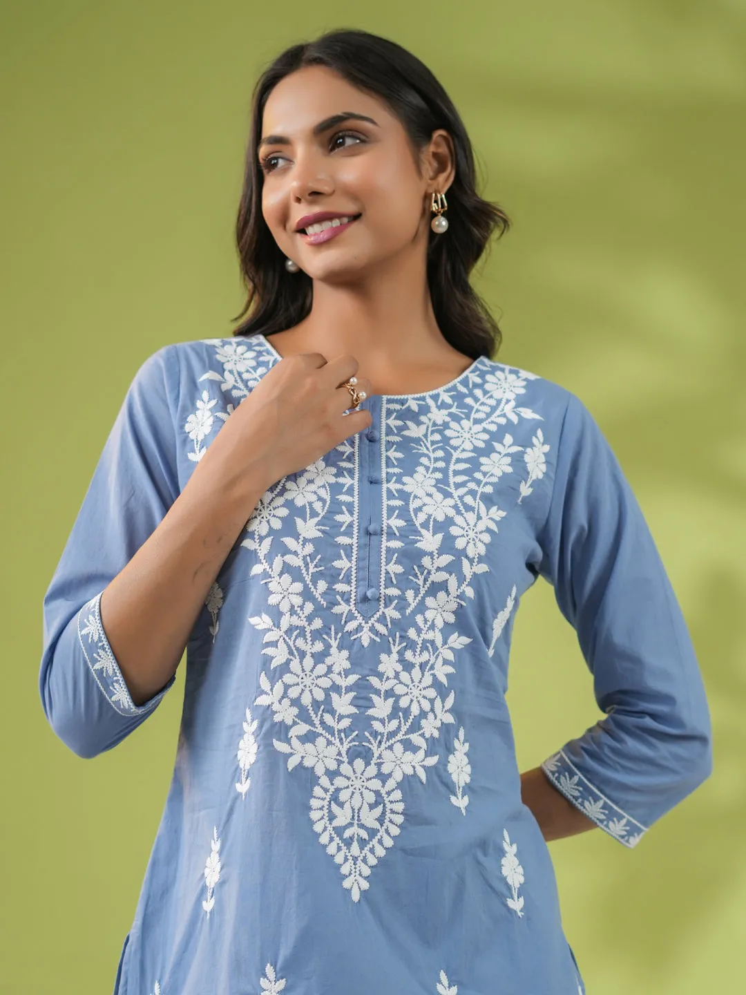 Blue Cambric Embroidered Straight Tunic