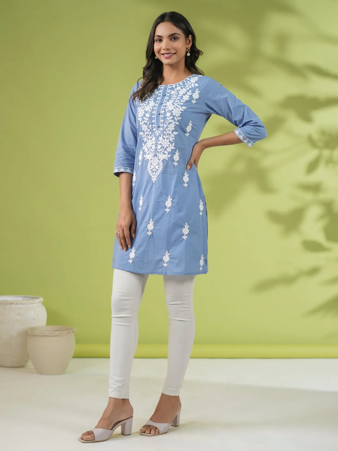 Blue Cambric Embroidered Straight Tunic