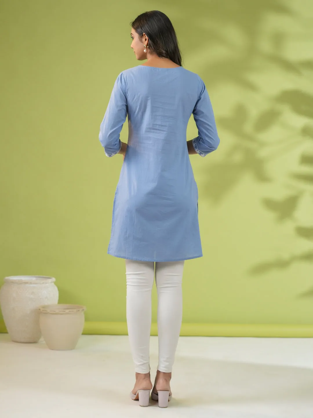 Blue Cambric Embroidered Straight Tunic