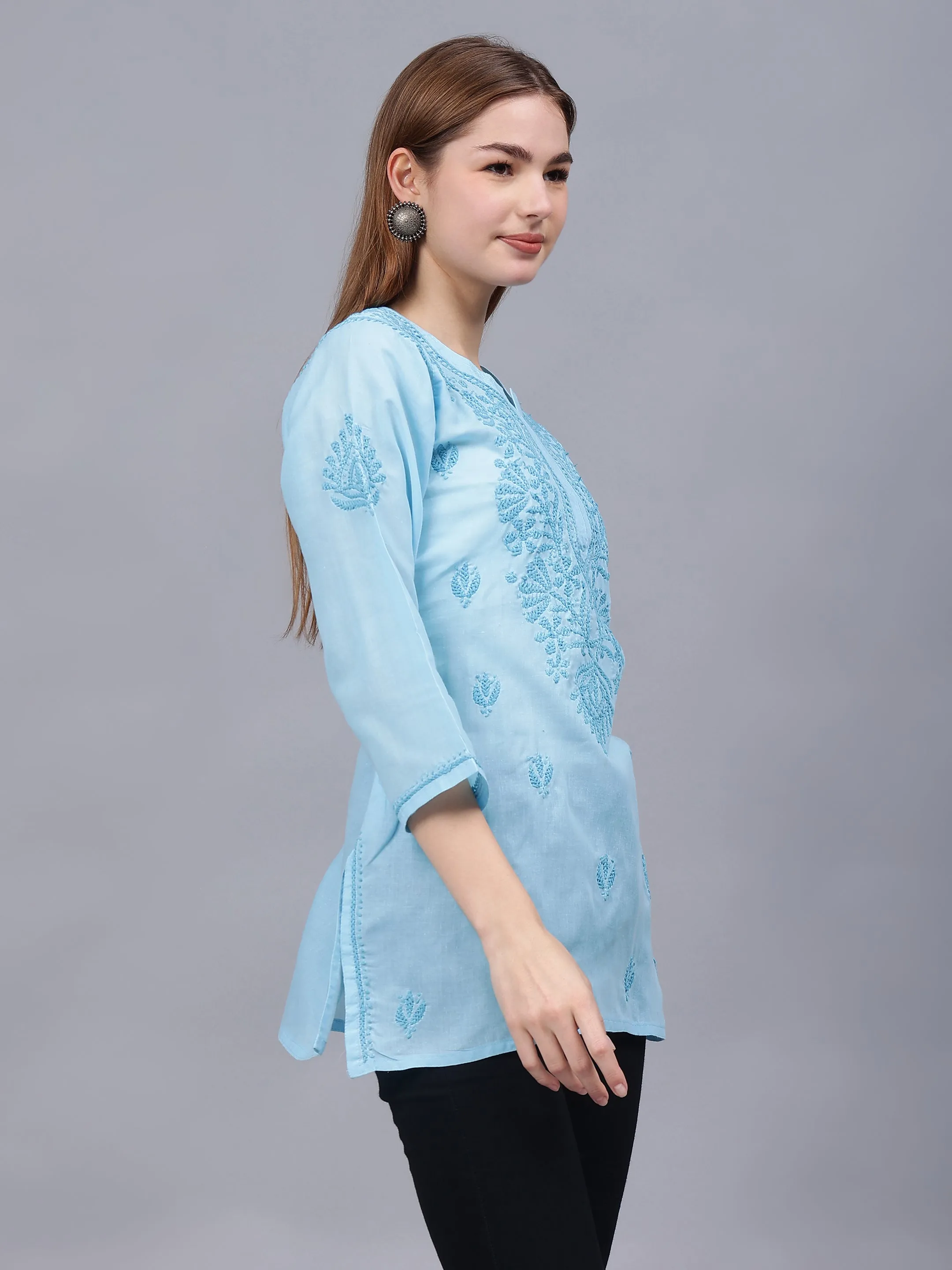 Blue Cotton Embroidered Chikankari Tunic