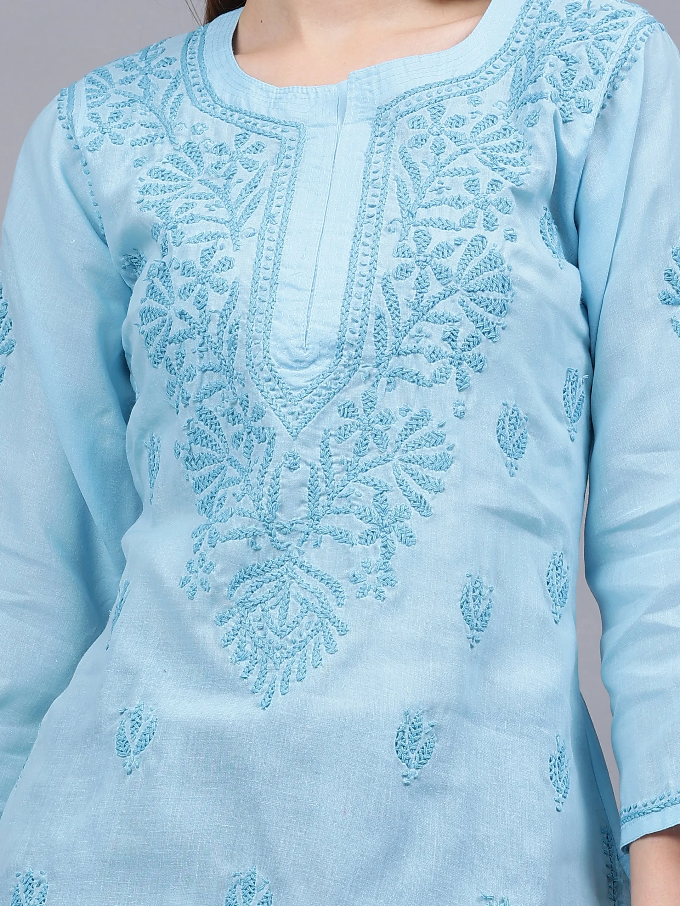 Blue Cotton Embroidered Chikankari Tunic