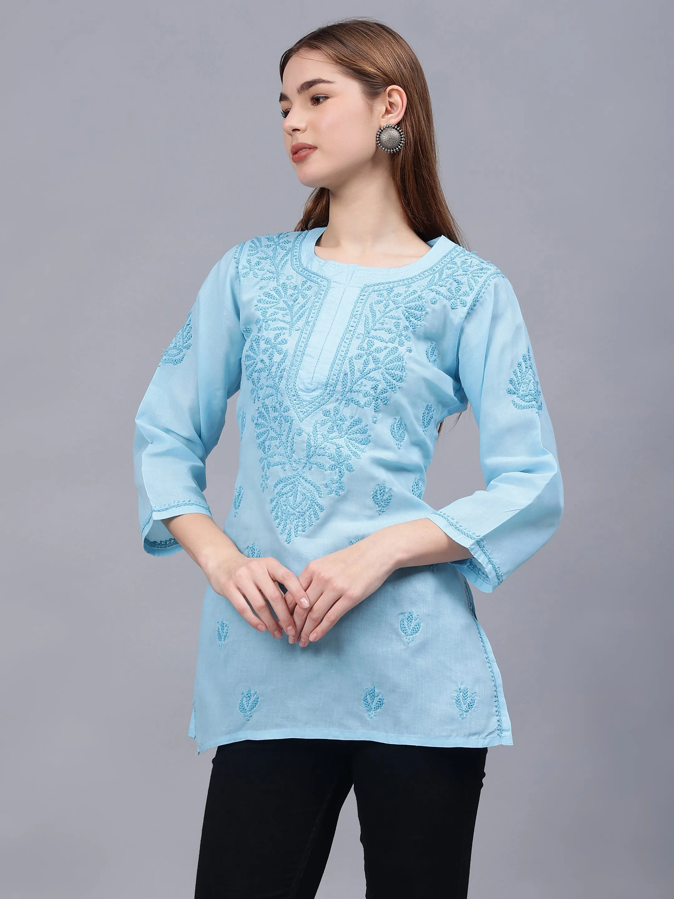 Blue Cotton Embroidered Chikankari Tunic