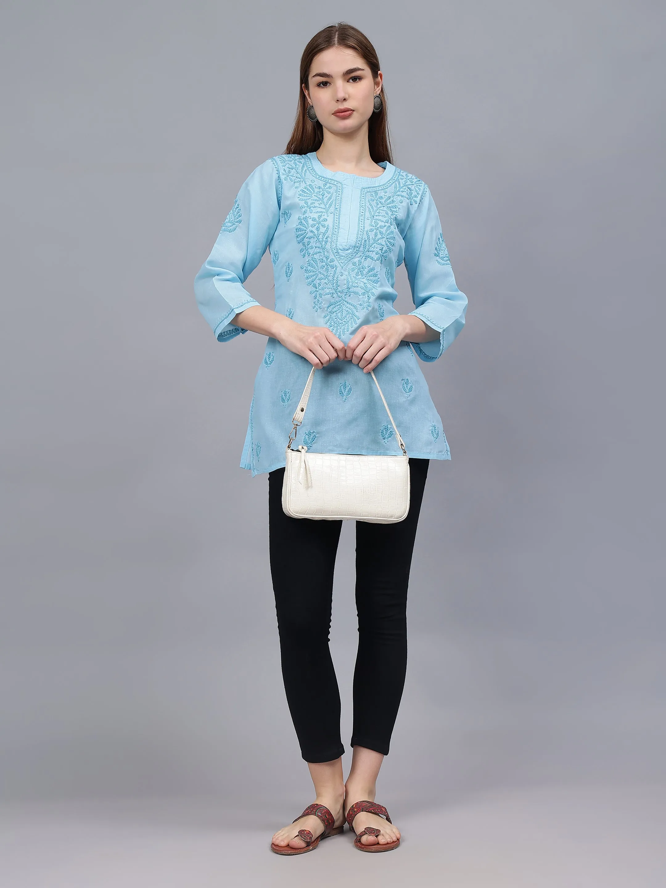 Blue Cotton Embroidered Chikankari Tunic