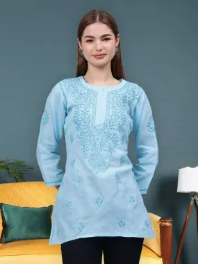 Blue Cotton Embroidered Chikankari Tunic