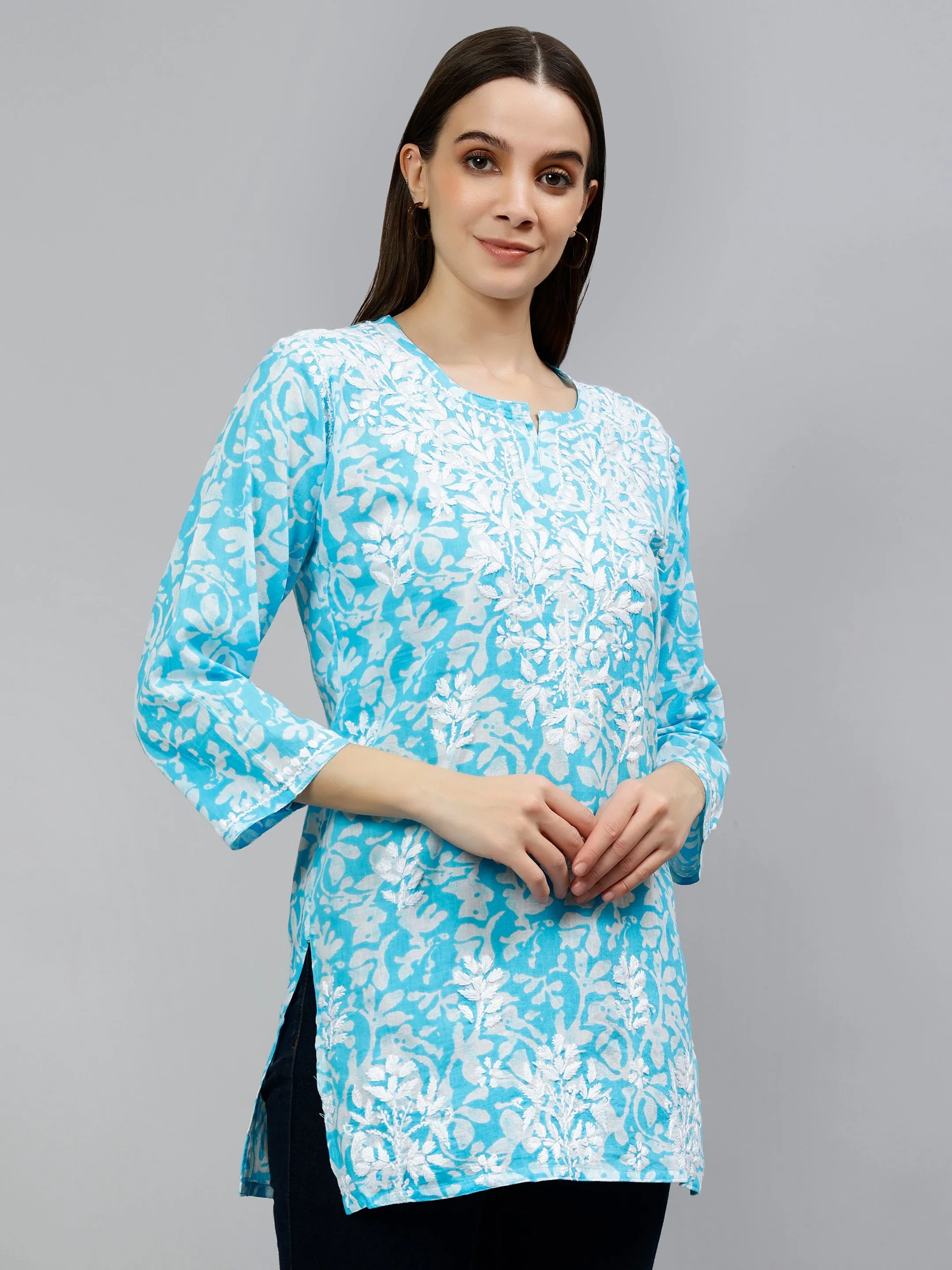 Blue Cotton Embroidered Lucknowi Chikankari Short Tunic