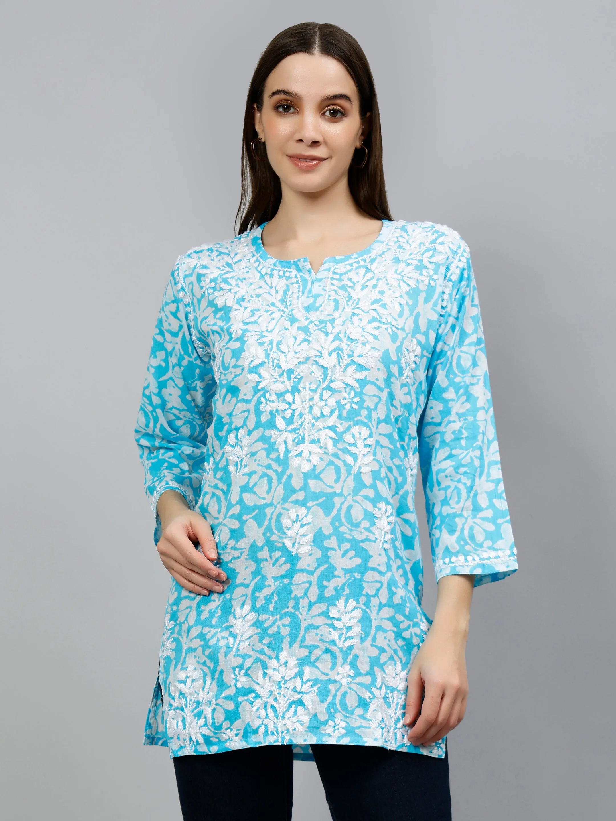 Blue Cotton Embroidered Lucknowi Chikankari Short Tunic