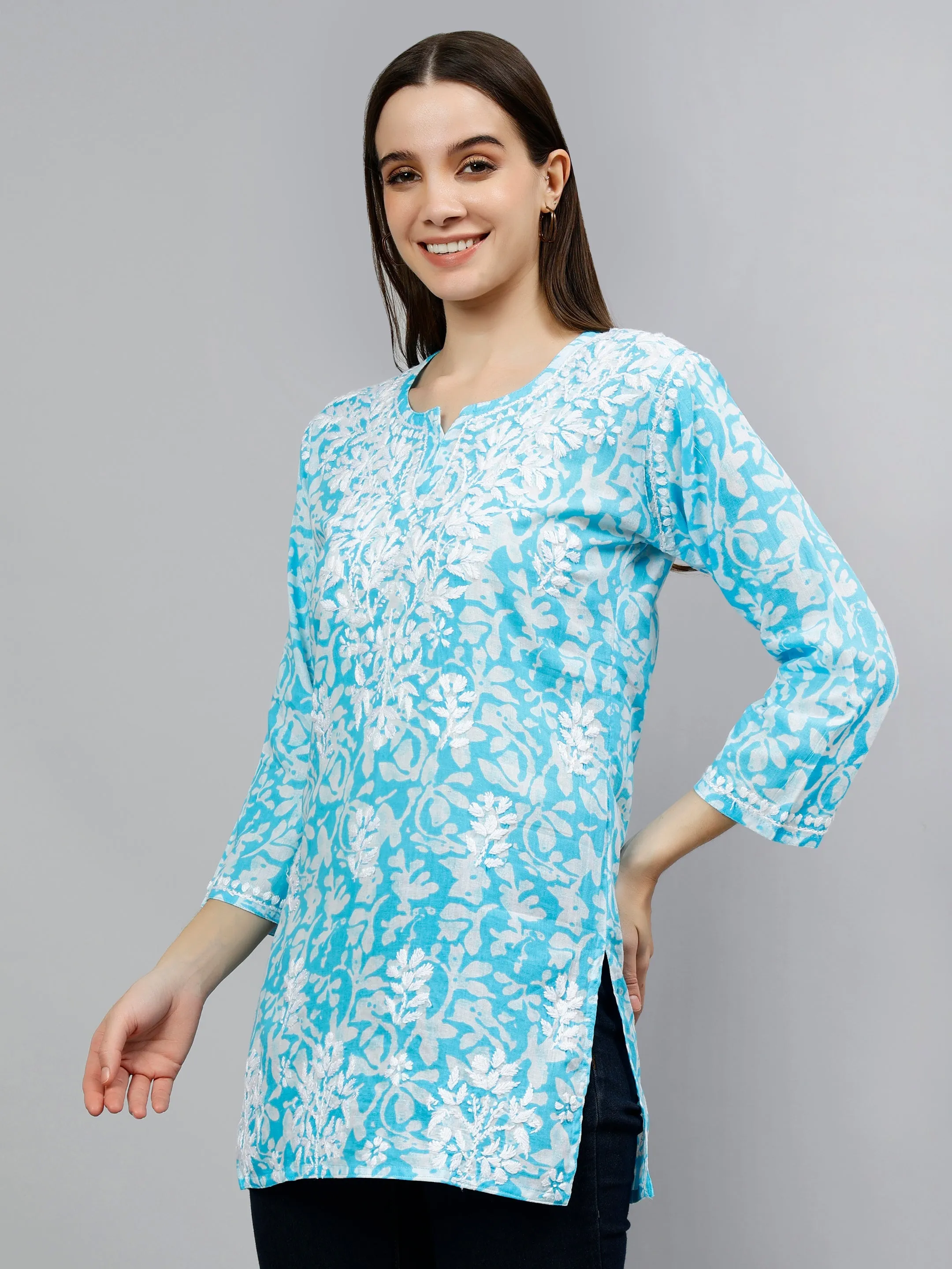 Blue Cotton Embroidered Lucknowi Chikankari Short Tunic