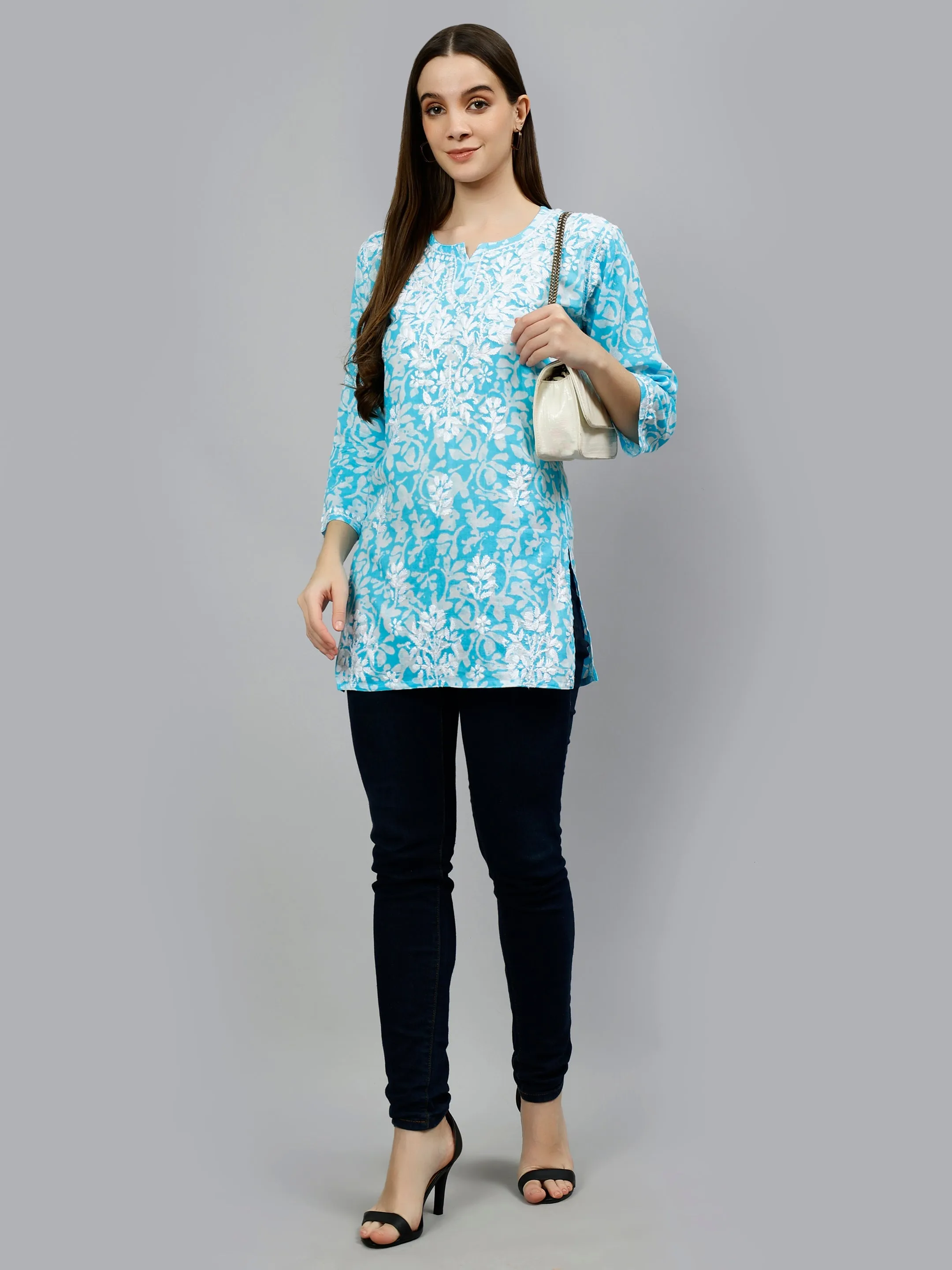 Blue Cotton Embroidered Lucknowi Chikankari Short Tunic