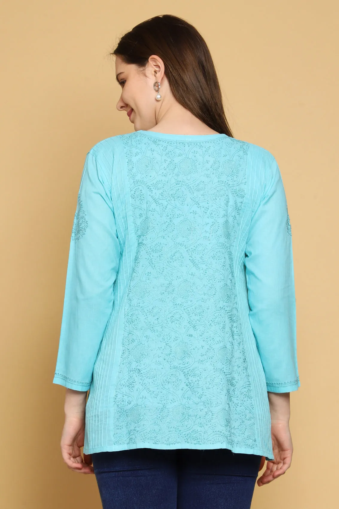 Blue Hand Embroidered Chikankari Side-Pleated Tunic Top