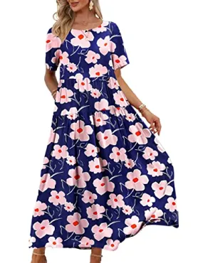 Blue Pink Dresses Casual Plus Size Bohemian Short Sleeve Floral Long Maxi Summer Beach Swing Dress/Pockets - YESNO