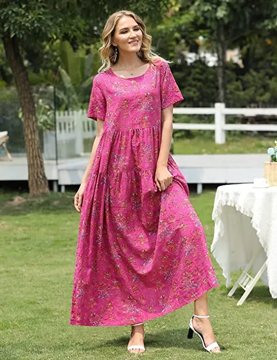 Blue Pink Dresses Casual Plus Size Bohemian Short Sleeve Floral Long Maxi Summer Beach Swing Dress/Pockets - YESNO