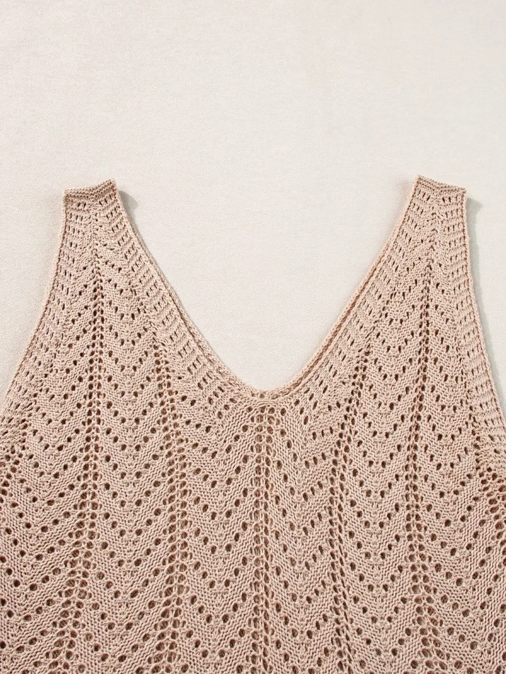 Boho-Chic Pale Khaki Crochet Knit V Neck Sweater Vest