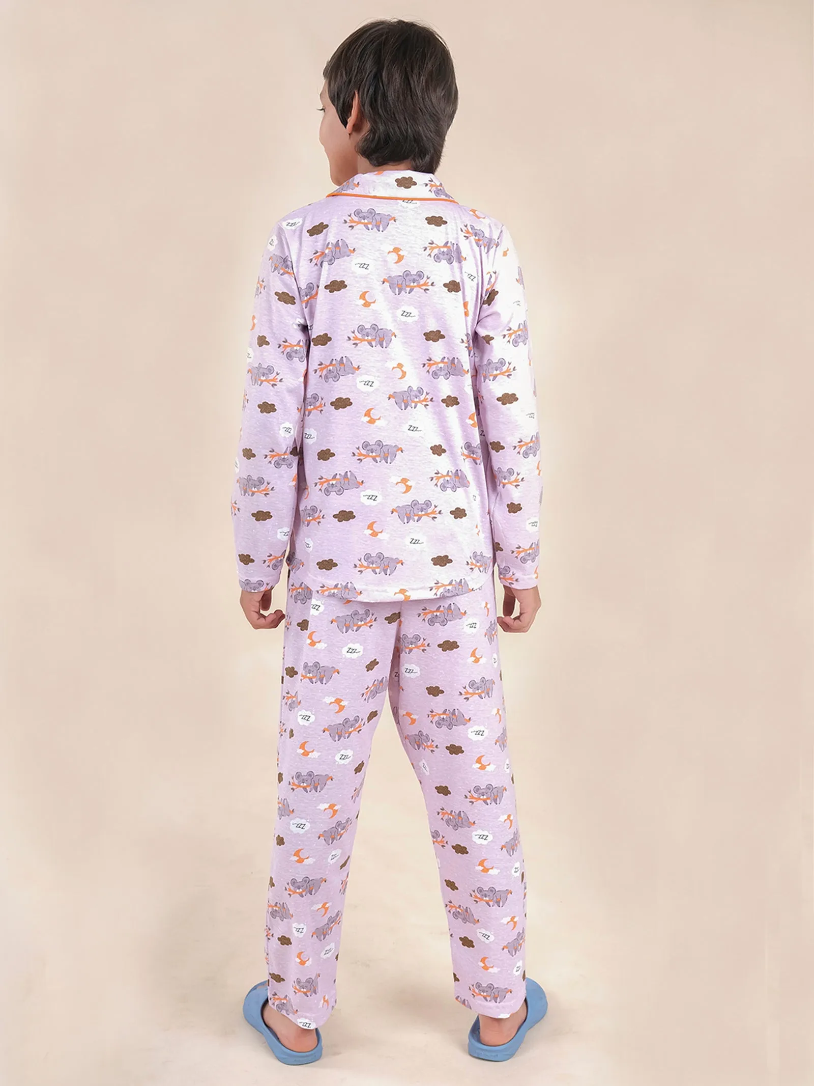 Boys Cotton All Over Printed Front Open Shirt With Pajama Night Set