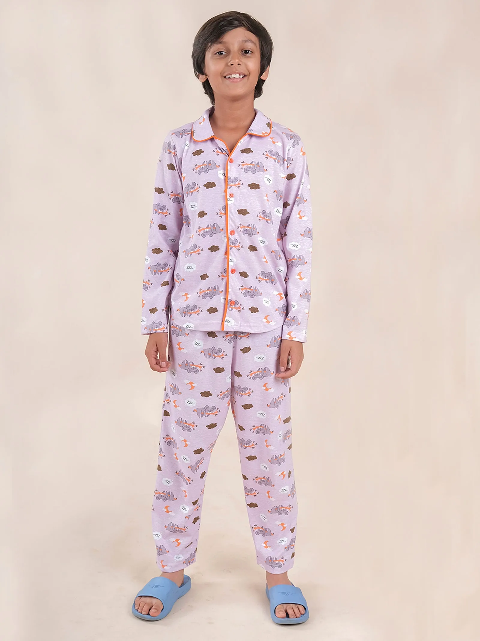 Boys Cotton All Over Printed Front Open Shirt With Pajama Night Set