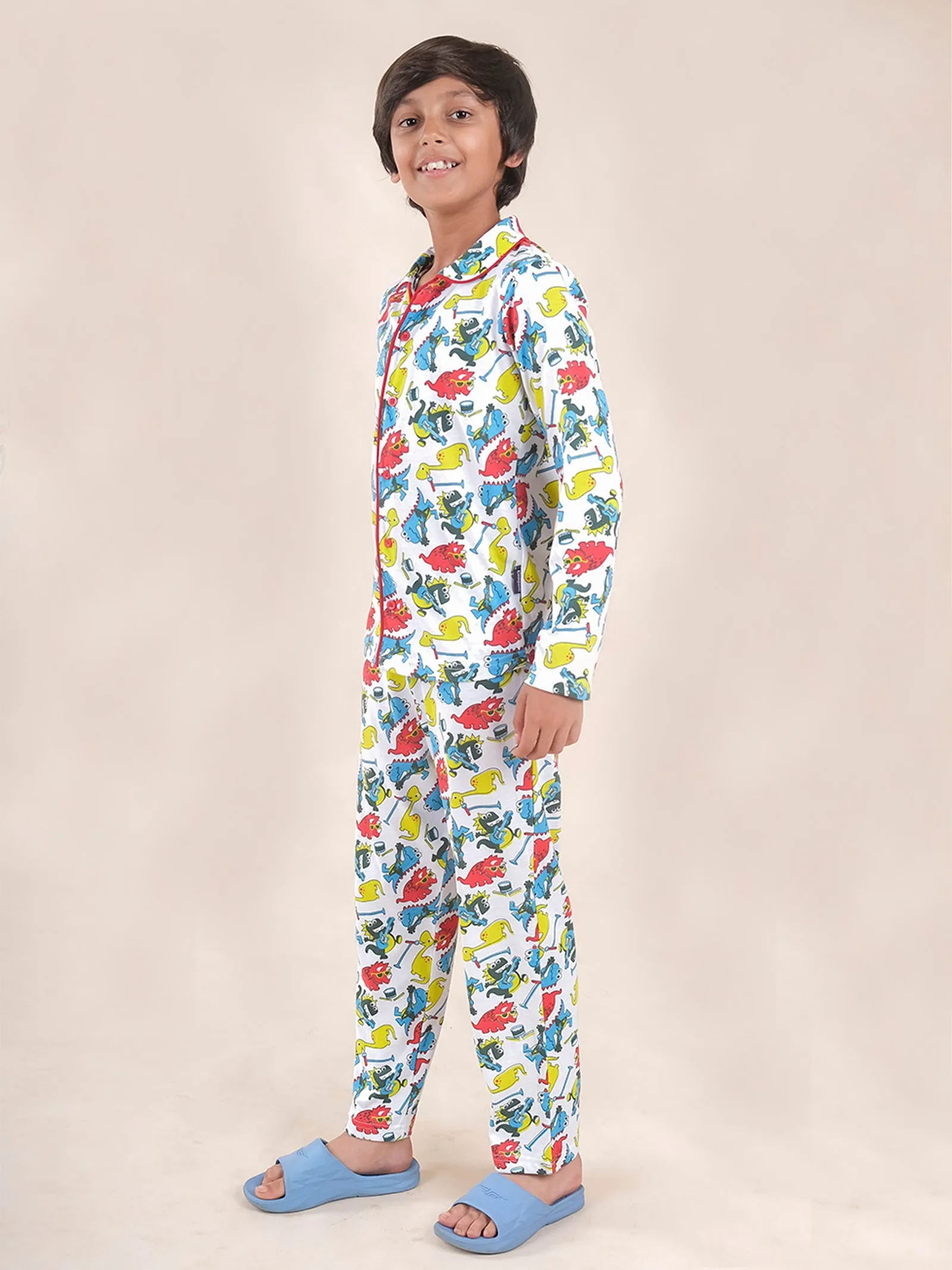 Boys Cotton All Over Printed Front Open Shirt With Pajama Night Set