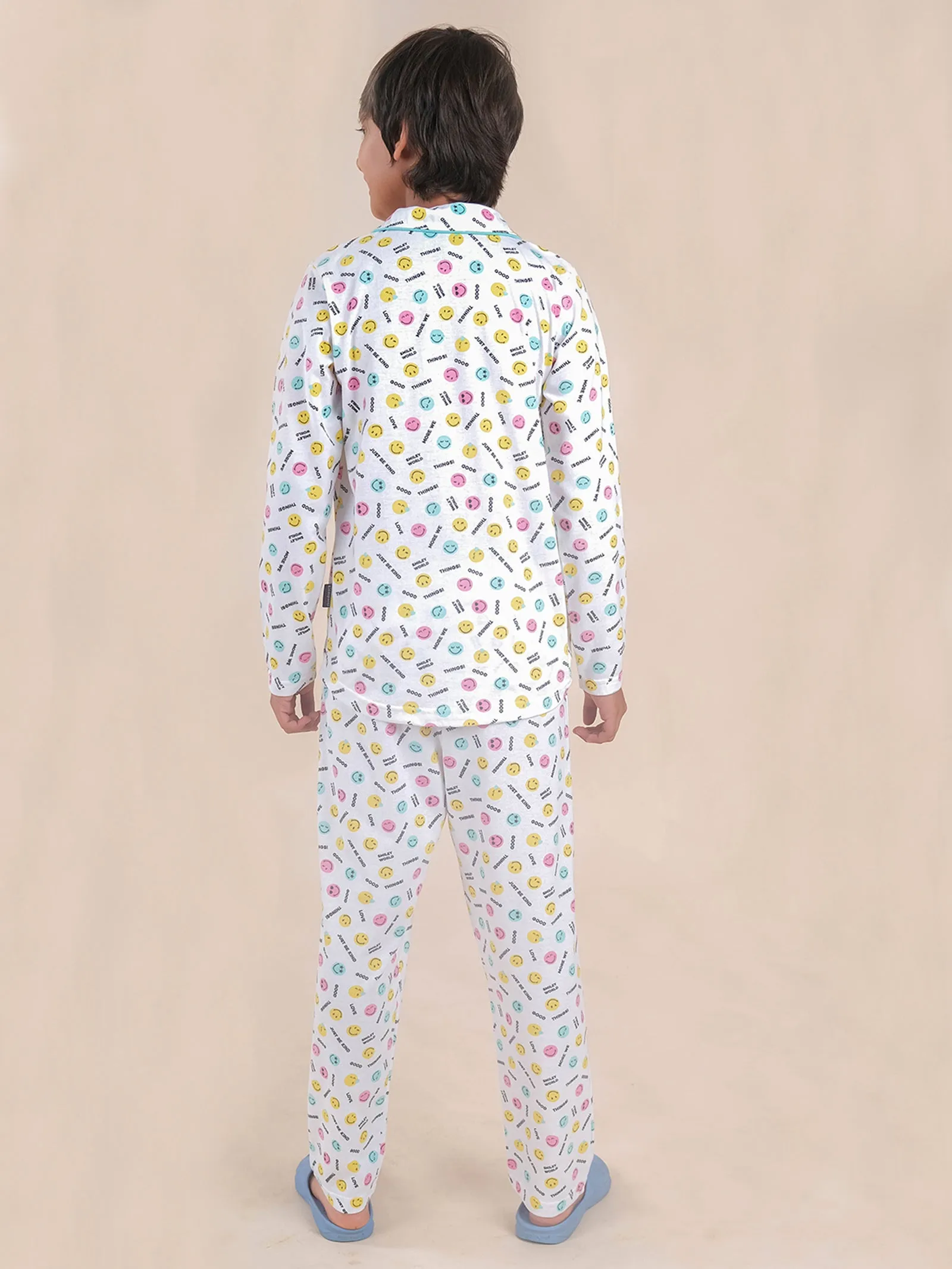 Boys Cotton All Over Printed Front Open Shirt With Pajama Night Set