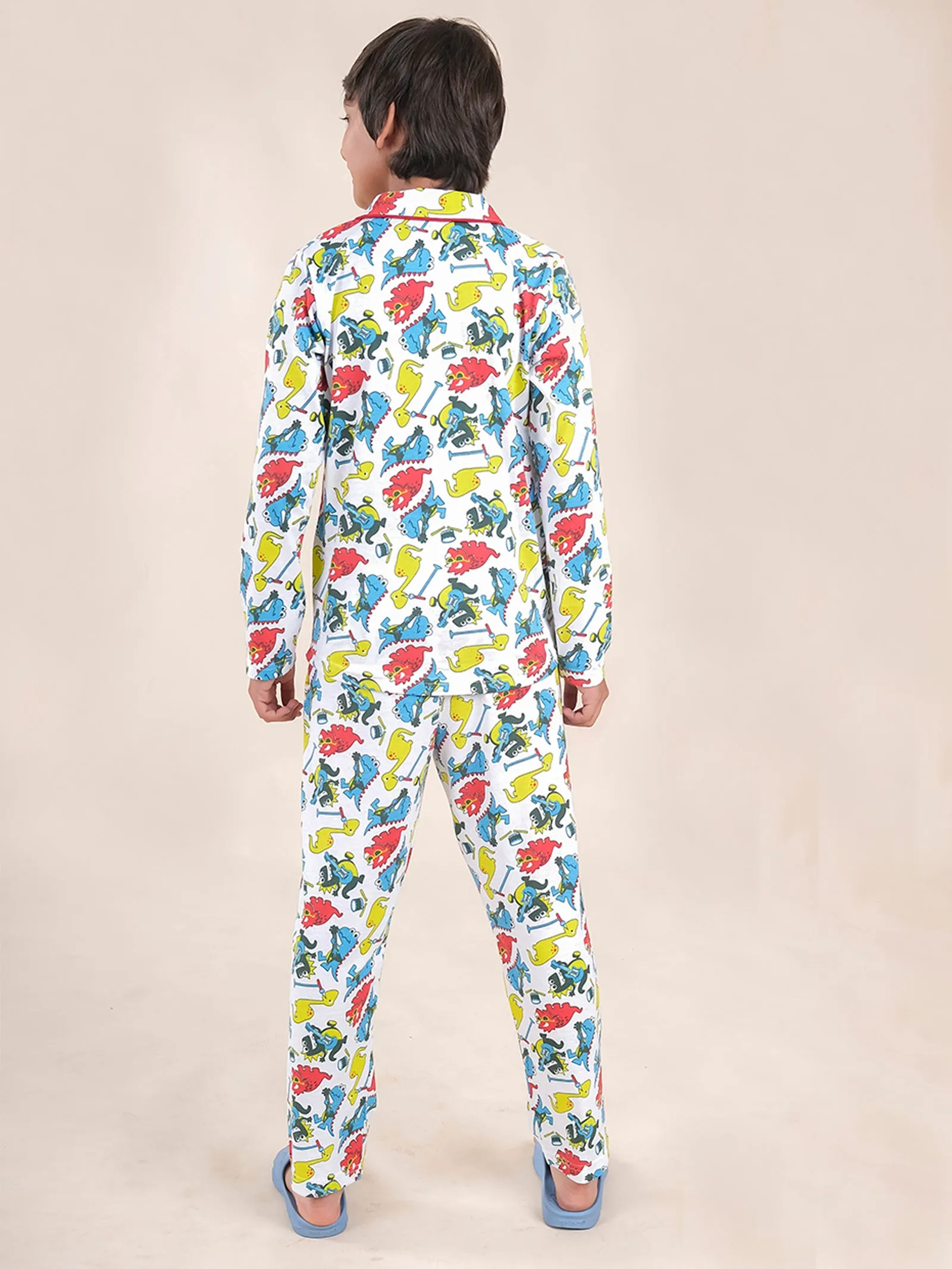 Boys Cotton All Over Printed Front Open Shirt With Pajama Night Set