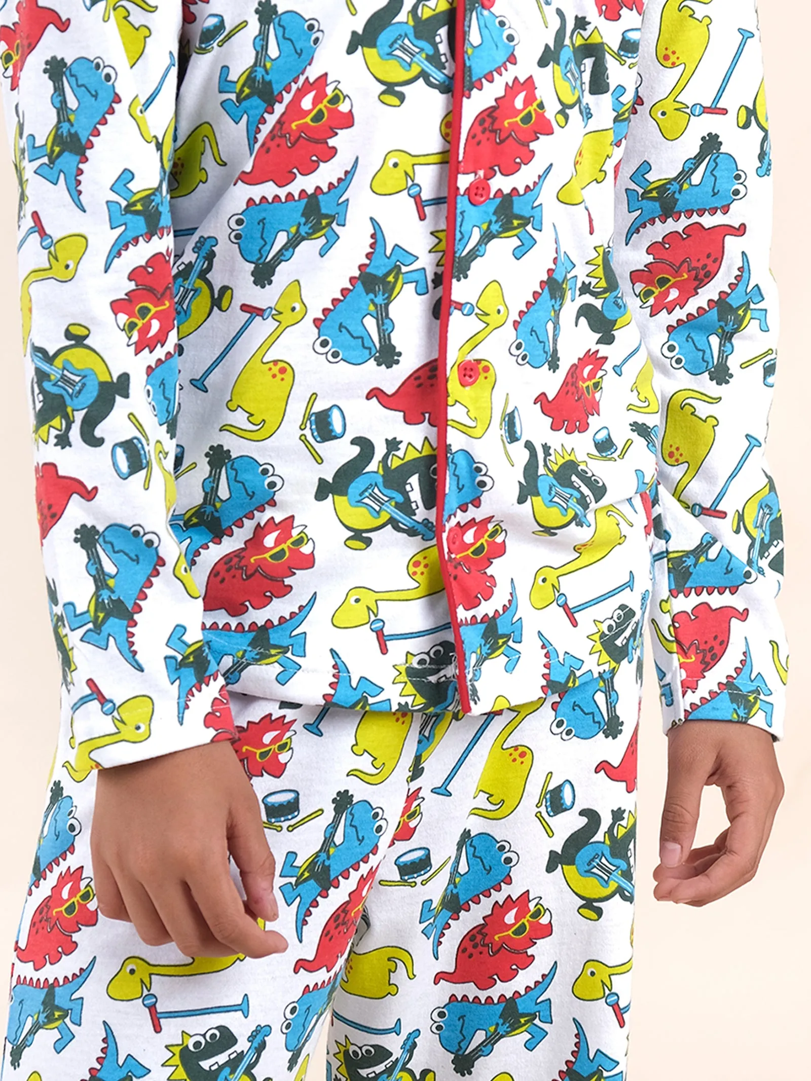 Boys Cotton All Over Printed Front Open Shirt With Pajama Night Set