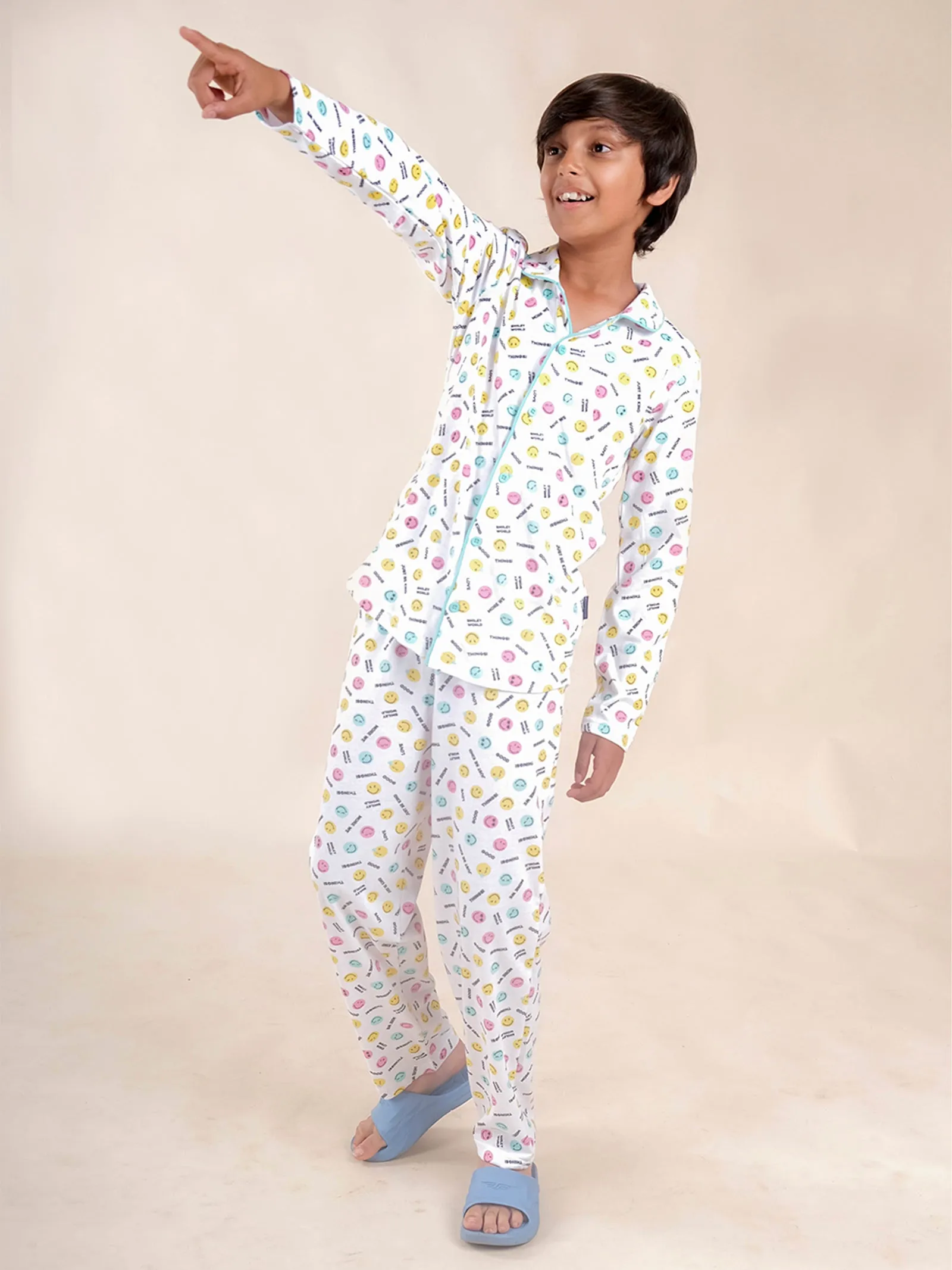 Boys Cotton All Over Printed Front Open Shirt With Pajama Night Set