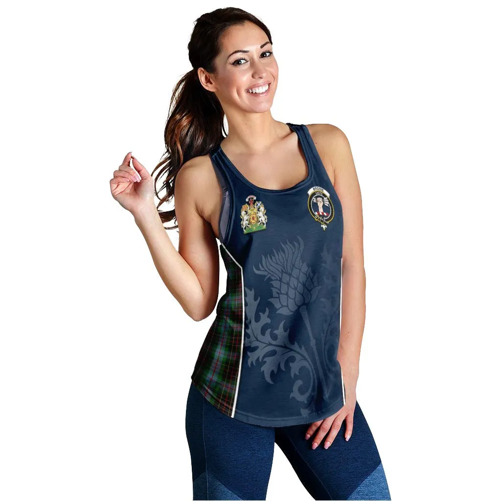 Brodie Hunting Tartan Women's Racerback Tanks with Family Crest and Scottish Thistle Vibes Sport Style