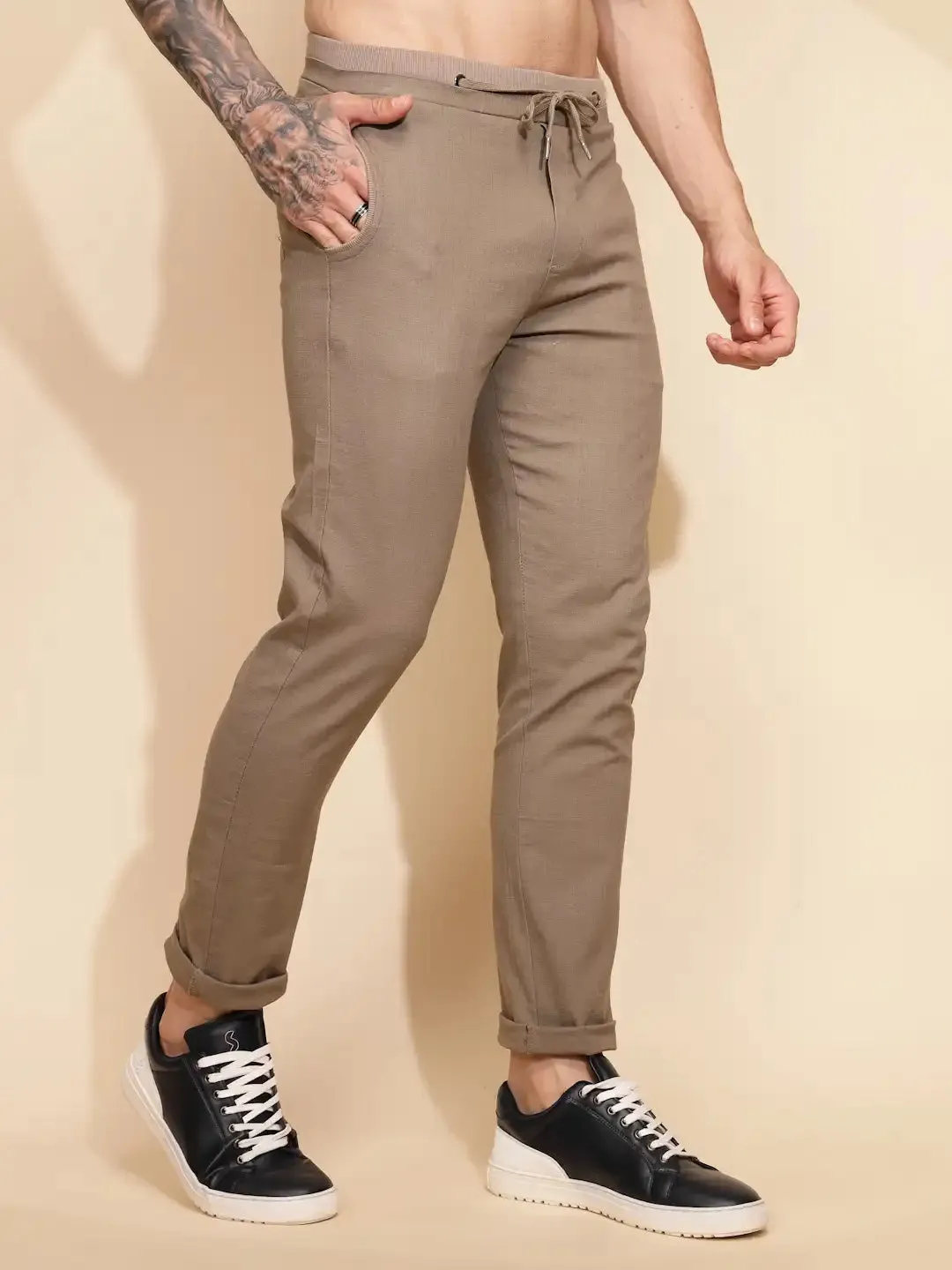 Brown Cotton Linen Relaxed Fit Lower For Men