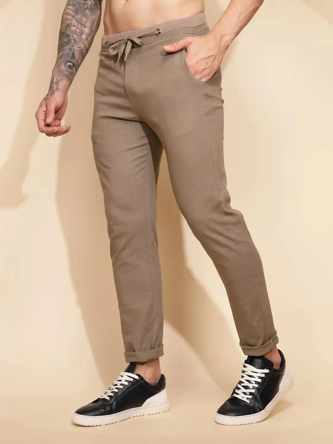 Brown Cotton Linen Relaxed Fit Lower For Men