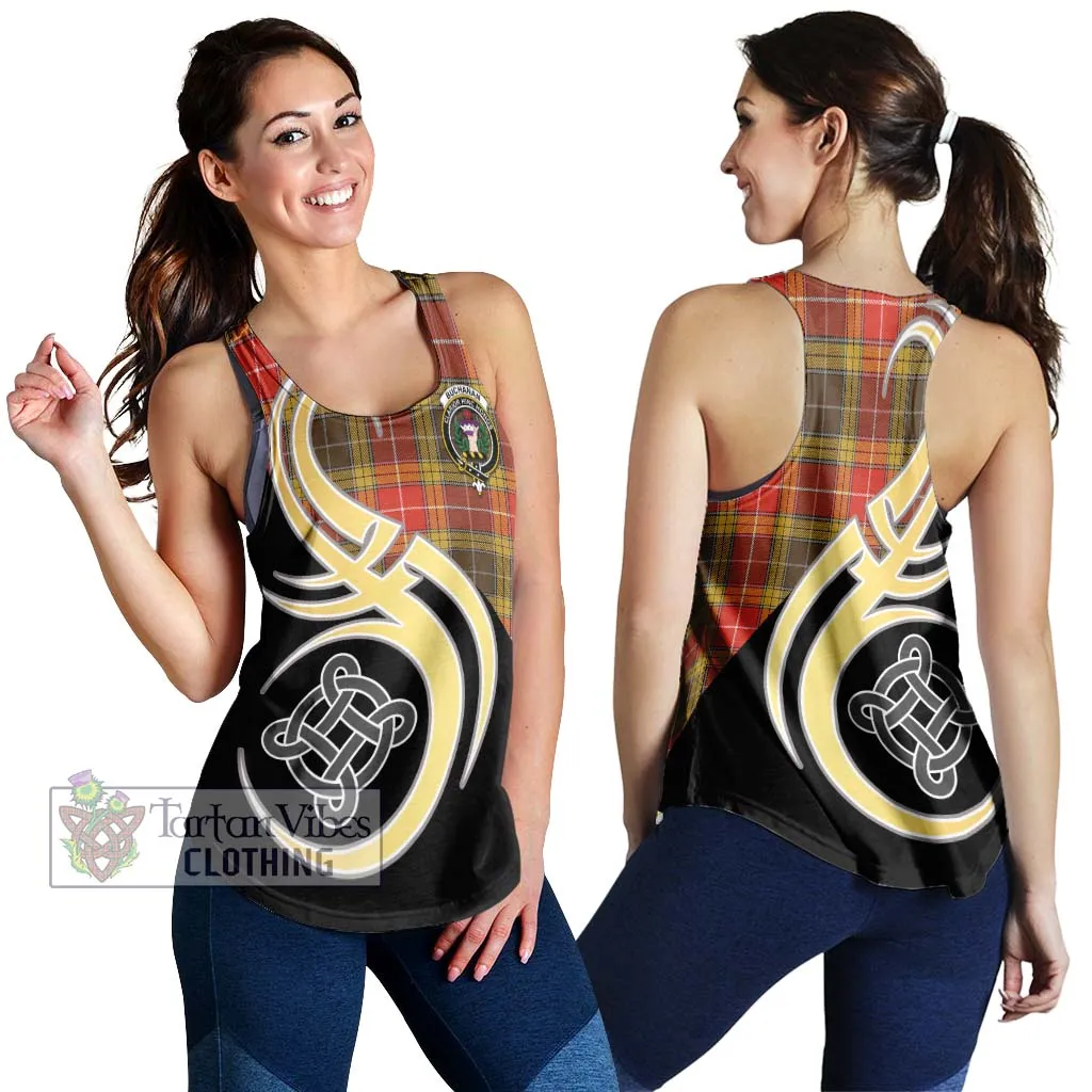 Buchanan Old Set Weathered Tartan Women's Racerback Tanks with Family Crest and Celtic Symbol Style